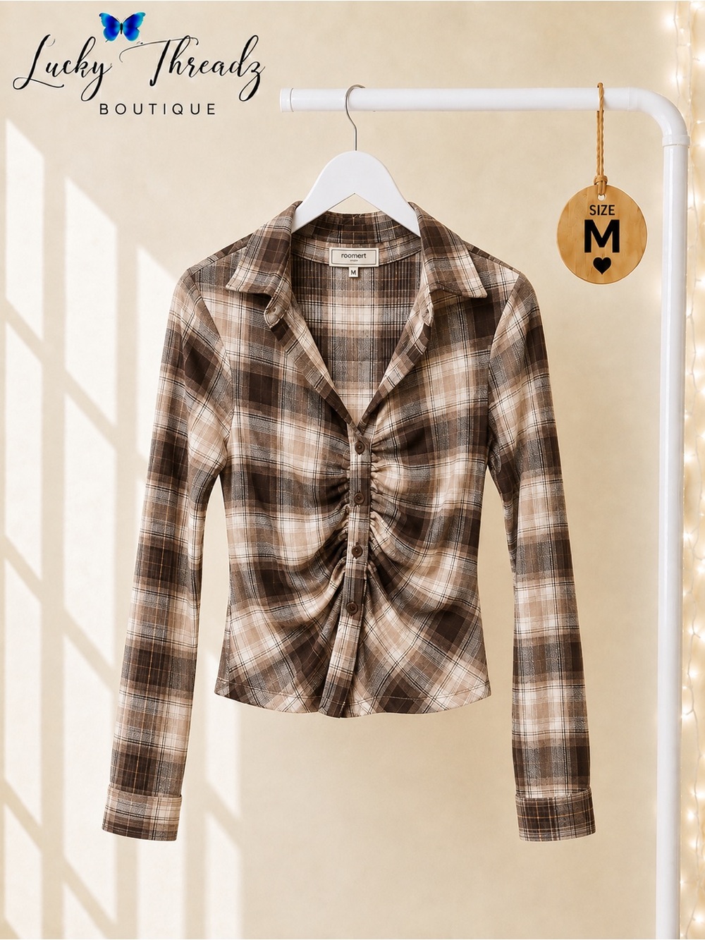 Brown Plaid Ruched Front Shirt Collared Button Up Long Sleeve Medium